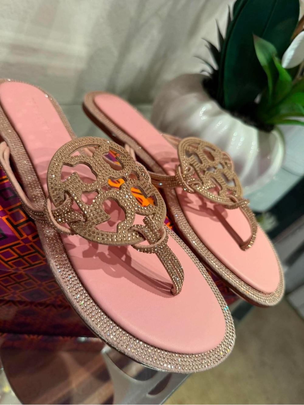 Tory Burch Pink Crystal Logo Thong Sandals with Gold-Tone Emblem